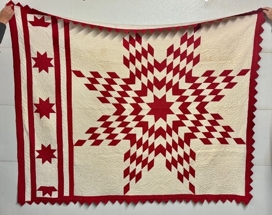 Fine Antique Red And White Pieced Texas Star Hand Stitched Quilt