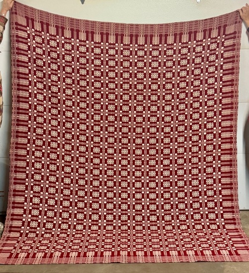 Nice Burgundy And Cream Hand Woven Overshot Coverlet