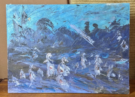 MCM Abstract Oil On Canvas Painting Signed C Blanchard