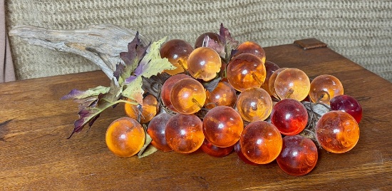 Amber Color Lucite MCM Grapes On Wood Branch