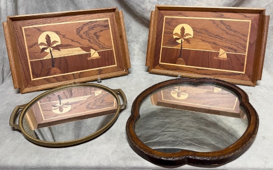 Pair of Margquetry Wooden Trays, Rubber Maid Lazy Susan and a Wood Framed Mirror