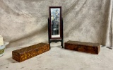 Lot of Two Carved Wooden Glove Boxes and Doll Stand Up Mirror