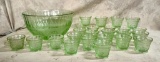 Tiara Chantilly Green Indiana Glass Punch Bowl and Cups