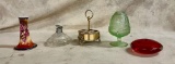 Green Indiana Glass Fairy Lamp, Limoges Hat Pin Holder, Red Glass Rose Vase,  More