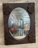 Antique Wall Mirror with Dark Wood Frame with Carved Decorative Corner
