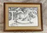 Framed Charcoal Sketch of Rocking Horse