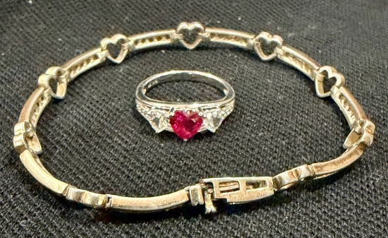 Sterling Bracelet And Ring With Red Stone Hearts
