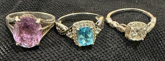 Three Sterling Silver Rings With Gemstones