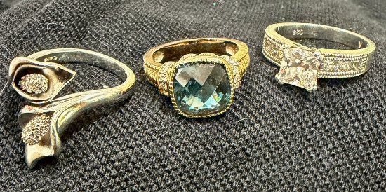 Three Sterling Silver Rings With Stones