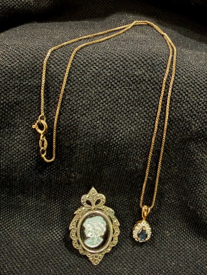 Sterling Silver Mother Of Pearl Cameo Brooch And Gemstone Necklace