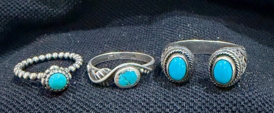 Three Vintage Turquoise and Sterling Silver Rings