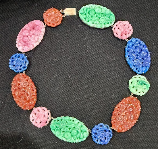 Fantastic Bold Floral Carved Stone Sterling Silver Necklace