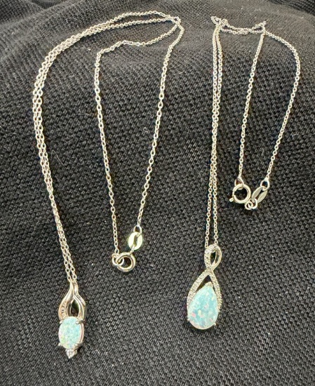 Two Sterling Silver Fire Opal Pendant Necklaces