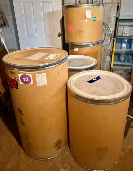 Group of Five Large Cardboard Barrel Containers