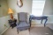 Upholstered Chair, 2 Matching Library Tables & Lamp