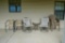 (4) Plastic Lawn Chairs Tan, 2 Swivel Chairs with Table & 2 Chairs