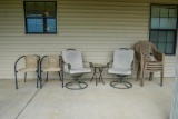 (4) Plastic Lawn Chairs Tan, 2 Swivel Chairs with Table & 2 Chairs