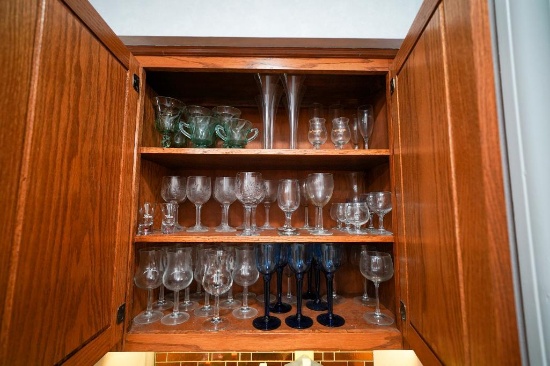 Cabinet of Various Glassware, Wine Glasses, Crystal Serving Platters and Misc on First two Shelves,