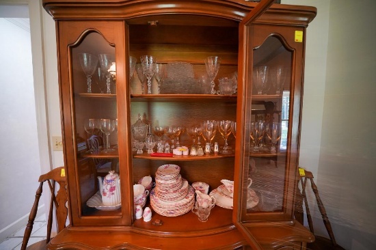 Contents of China Cabinet Including China Set, Clear Glass Set, Wine Glass Set and Various Pieces of