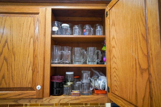 Cabinet of Beer Mugs, Mason Jar Glasses, Misc Glassware