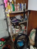 Plastic Shelf in Garage and Contents, Irrigation Tubing, Ceramic Pot misc