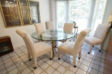 Iron Base, Glass Top Dining Table With 6 Rolling Upholstered Chairs