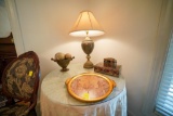 Round Side Table With Cloth, Lamp, Round Server Plate, 2 D?cor Boxes, and Vase w/decor