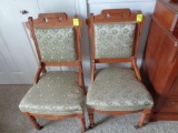 Set of 2 Antique Hand Carved Chairs with Upholstered Back and Seats