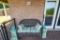 Outdoor Wicker Bench, Pillows & (2) Mosaic Plant Stands