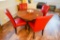 Round Claw Foot Solid Oak Pedestal Table and (4) Red Leather Chairs