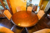6 Foot Thomasville Round Pedestal Table with 6 Matching Leather & Upholster
