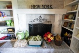 Contents on Fireplace, Vase, Buckets, Grapes, Rugs