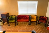 Hand Carved Antique Parlor Set (Estimated over 100 years old) (2) Club Chairs, Rocking Chair & Bench