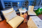 (2) White Leather Chairs & Lamp Table