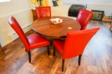 Round Claw Foot Solid Oak Pedestal Table and (4) Red Leather Chairs