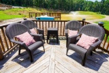 (4) Plastic Wicker Style Patio Chairs, (3) Side Tables & Pillows