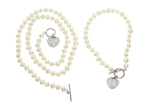 NEW Genuine Fresh Water Pearl & Crystal Set Sterling Silver, Necklace Length: 18'', Bracelett Length
