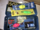 metal tackle box of bobbers, etc