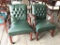 arm chair with wood; green leather; rolls; 2pc