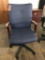 rolling arm chair; blue fabric with wood