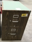 metal 2-drawer legal file cabinet; artificial wood grain; measures 18