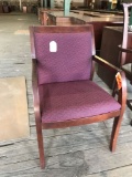 reception chair with wood; red/blue fabric
