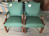 arm chair with wood; green fabric; 2pc