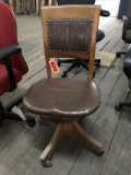 vintage rolling office chair; brown leather with wood