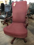 rolling office chair; red fabric with wood