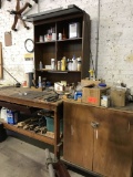 storage cabinet and contents; shelf and contents; and bench with vise