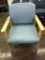 reception chair, teal leather with wood