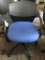 rolling office chair, blue fabric and black hard vinyl
