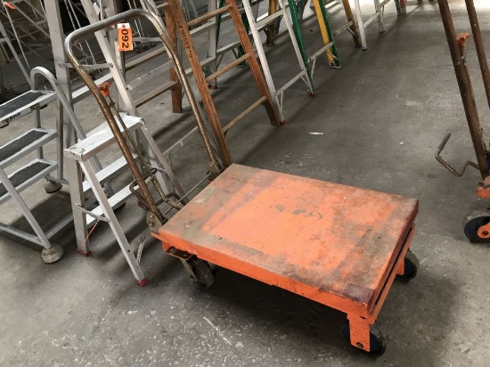 scissor platform cart, orange, base measures 32"x19.5"