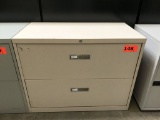metal 2-drawer lateral file cabinet, beige, measures 36